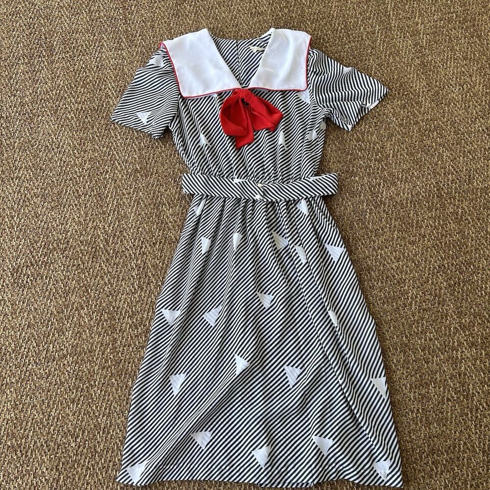 Vintage Black/Red Striped Sailor Dress Retro Nautical Dress Sheer Medium